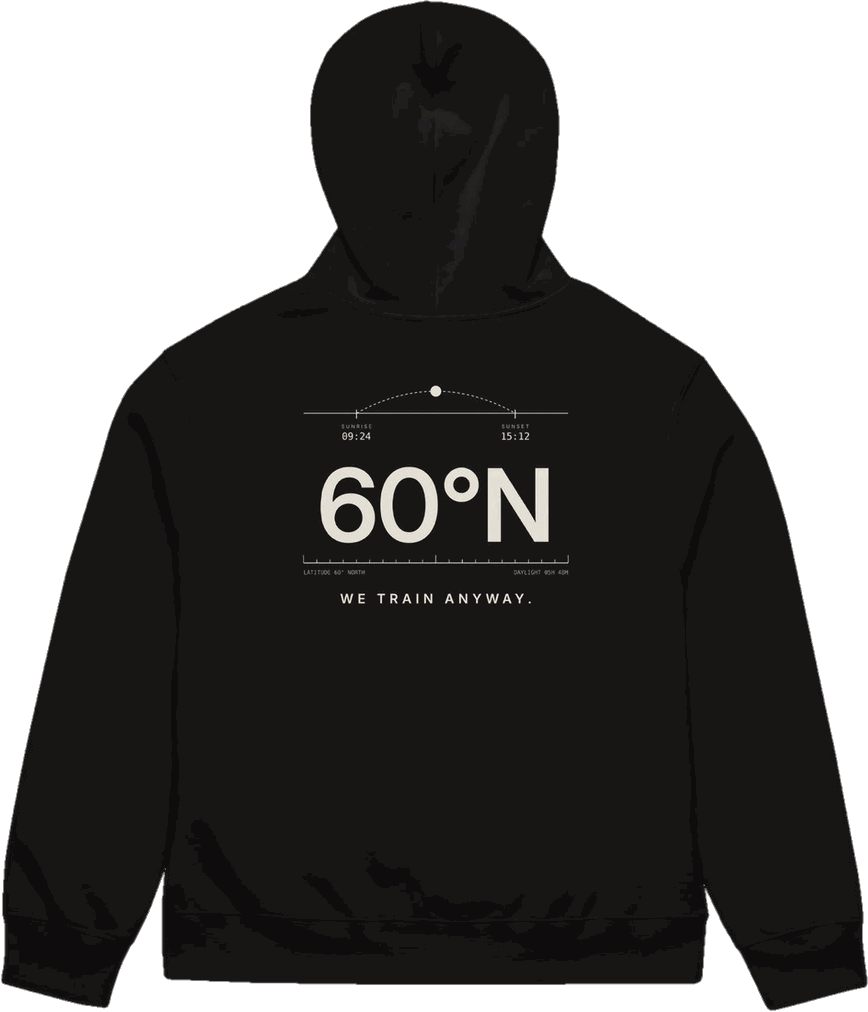 VIDEVIK 60°N raske hoodie, must, seljatrükk luuvalge tindiga